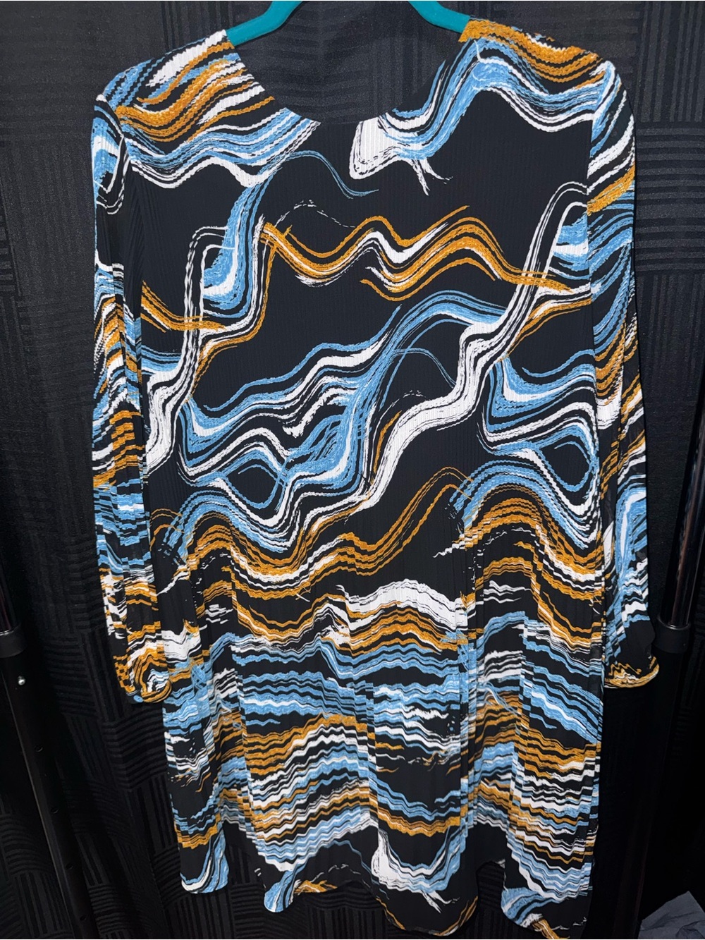 Black Wave-Print Tunic Top with Blue and Gold Accents